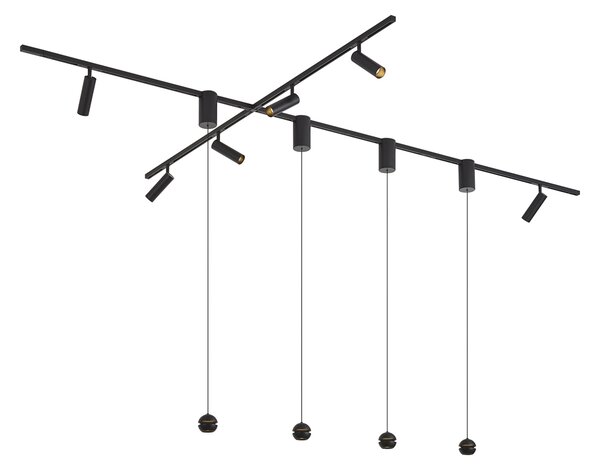 Moderní kolejnicový systém černý s 6 bodovými světly a 4 závěsnými svítidly Easylift 1-fázový - Slimline Uzzy Tira