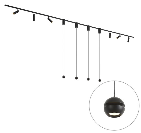 Moderní kolejnicový systém černý s 6 bodovými světly a 4 závěsnými svítidly Easylift 1-fázový - Slimline Uzzy Tira