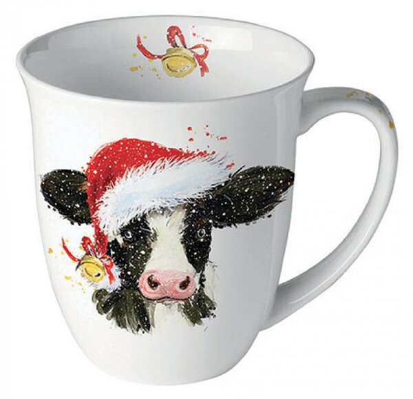 Porcelánový vánoční hrnek Kravička ve vánoční čepici 400 ml