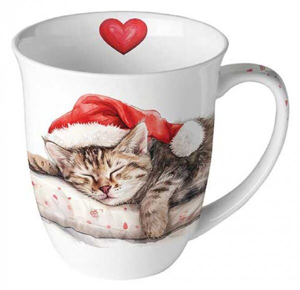 Porcelánový vánoční hrnek Spící kocourek 400 ml