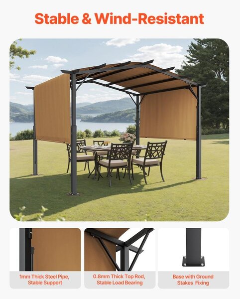 Pergola Met výsuvnou střechou - 3x3 metry - Voděodolná polyesterová tkanina - Černý ocelový rám