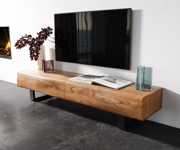DELIFE TV stolek New Live-Edge 175 cm akácie přírodní 4 dvířka tenká podnož kov černá
