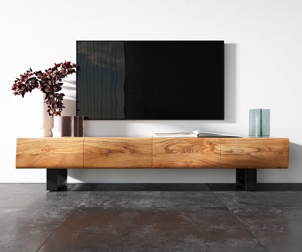 DELIFE TV stolek New Live-Edge 175 cm akácie přírodní 4 dvířka tenká podnož kov černá