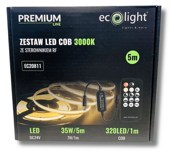 ECOLIGHT COB LED pásek 35W - 24V - 320 - 5M - 3000k - teplá bílá + dálkový ovladač