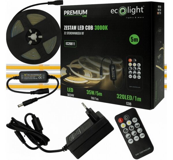 ECOLIGHT COB LED pásek 35W - 24V - 320 - 5M - 3000k - teplá bílá + dálkový ovladač