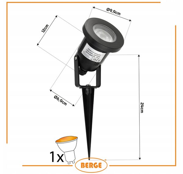 BERGE LED zahradní lampa - vestavěný reflektor GU10 - IP65 - černá