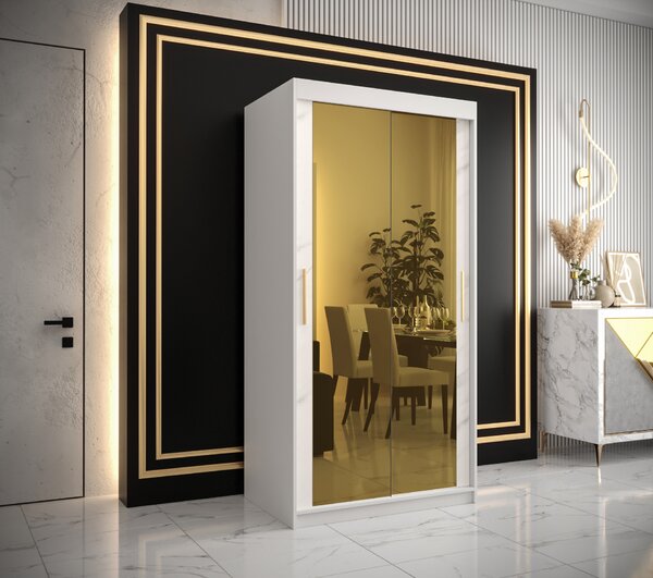Šatní skříň Abi Golden T3 Barva korpusu: Bílá, Rozměry: 100 cm, Dveře: Bílý Marmur + zlaté zrcadlo