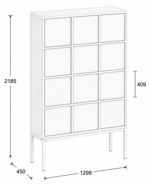 Kancelářská skříň FRAME, černá podnož, 12x dveře, 1299 x 450 x 2185 mm, PUSH-lock, bílá