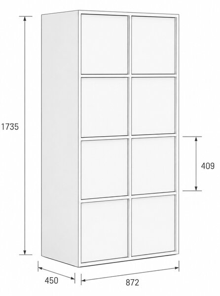 Kancelářská skříň FRAME, 8x dveře, 872 x 450 x 1735 mm, PUSH-lock, šedá