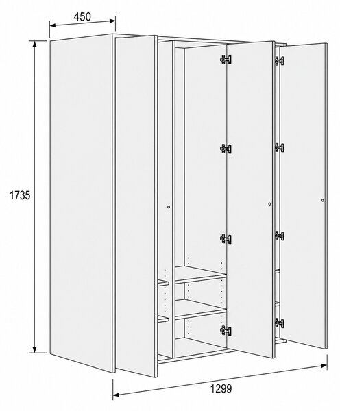 Šatní skříň FRAME, 3 oddíly, 1299 x 450 x 1735 mm, PUSH-lock, dub přírodní