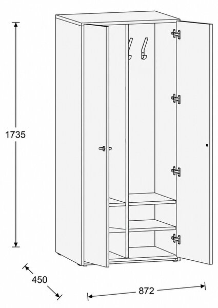 Šatní skříň FRAME, 2 oddíly, 872 x 450 x 1735 mm, PUSH-lock, bříza