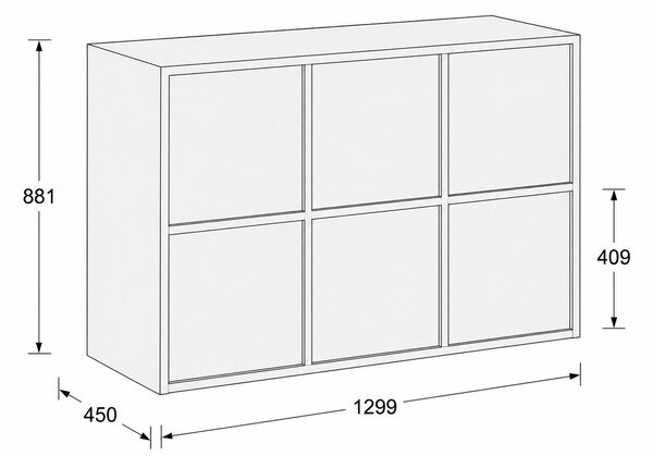 Kancelářská skříň FRAME, nízká, 6x dveře, 1299 x 450 x 881 mm, PUSH-lock, šedá