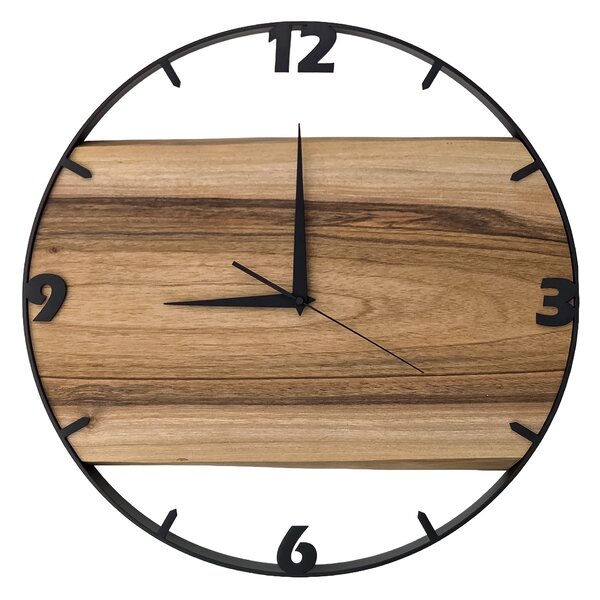 Dřevěné hodiny -50cm, přírodní dřevo - ořech, černý kovový rám (50B32)