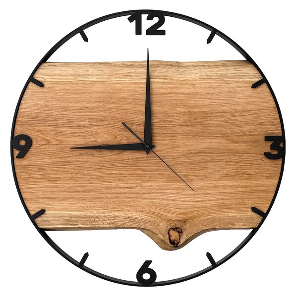 Dřevěné hodiny -55cm, přírodní dřevo - dub, černý kovový rám (55B9)