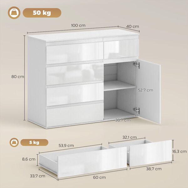 HOMCOM komoda s 5 zásuvkami, nastavitelné police, tlumené dovírání, lesklá bílá — 100 × 40 × 80 cm | Aosom