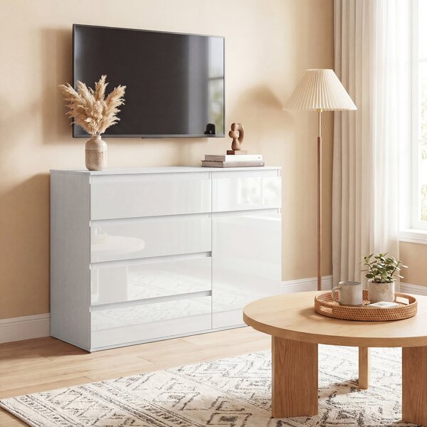 HOMCOM komoda s 5 zásuvkami, nastavitelné police, tlumené dovírání, lesklá bílá — 100 × 40 × 80 cm | Aosom