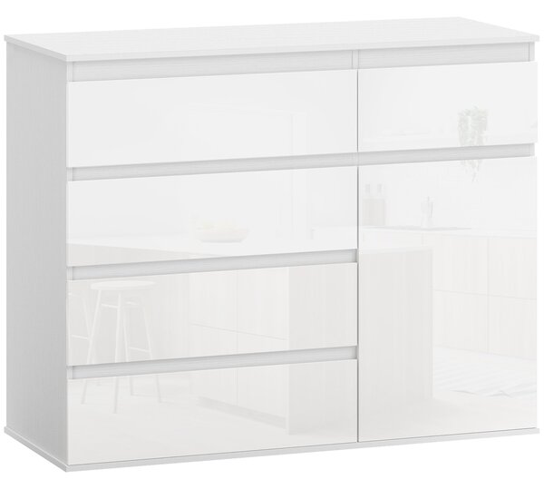 HOMCOM komoda s 5 zásuvkami, nastavitelné police, tlumené dovírání, lesklá bílá — 100 × 40 × 80 cm | Aosom