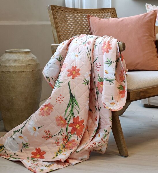 Růžový bavlněný přehoz s květy Aix Quilt Wild Flowers - 130*180 cm - Chic Antique