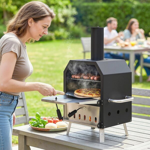 Outsunny venkovní pec na pizzu na dřevo, nerezová ocel, 2 úrovně s kamenem Ø 30,5 cm (tl. 1 cm), skládací nohy a lopatka – přenosná pro kempování, zah