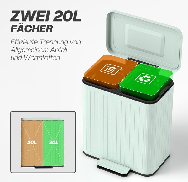 HOMCOM 40 l dvoukomorový pedálový odpadkový koš — 2 × 20 l, tlumené dovírání, držení víka, vyjímatelné vložky — Aosom