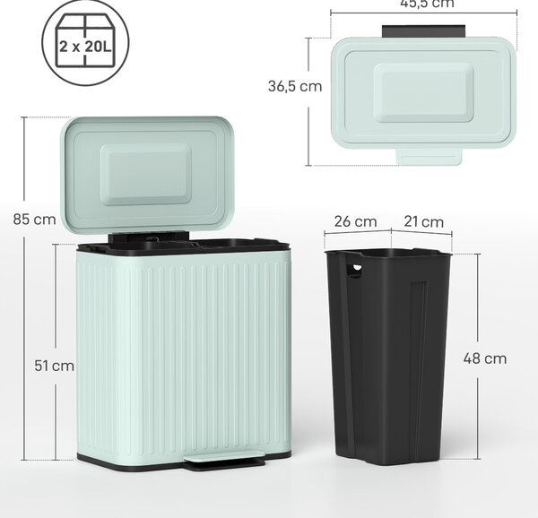 HOMCOM 40 l dvoukomorový pedálový odpadkový koš — 2 × 20 l, tlumené dovírání, držení víka, vyjímatelné vložky — Aosom