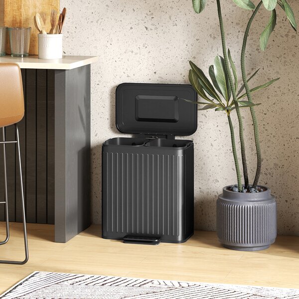 HOMCOM 2×20 l nožní odpadkový koš — 40 l dvoukomorový třídicí koš, tlumené dovírání, zajištění otevření, vyjímatelné vložky, černý, 45,5 × 36,5 × 51 c