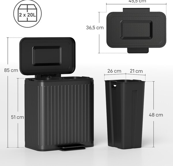 HOMCOM 2×20 l nožní odpadkový koš — 40 l dvoukomorový třídicí koš, tlumené dovírání, zajištění otevření, vyjímatelné vložky, černý, 45,5 × 36,5 × 51 c