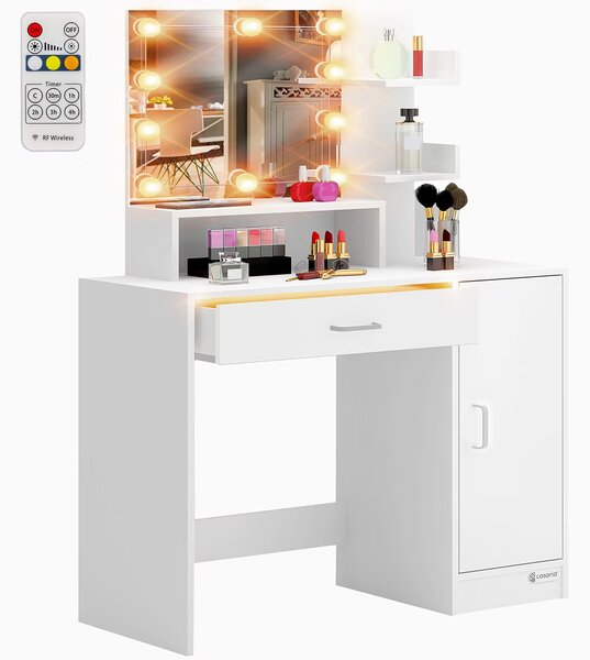 FurniGO Toaletní stolek Jocelyn s LED osvětlením 140x90x40 cm - bílý