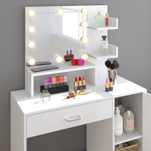 FurniGO Toaletní stolek Jocelyn s LED osvětlením 140x90x40 cm - bílý