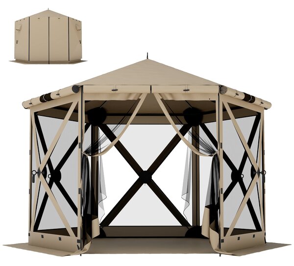 Outsunny hexagonální altán 3,0 x 2,6 m s podložkou, síťovými bočními panely a přepravní taškou — voděodolný, odolný proti UV, khaki | Aosom