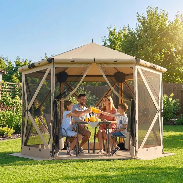 Outsunny hexagonální altán 3,0 x 2,6 m s podložkou, síťovými bočními panely a přepravní taškou — voděodolný, odolný proti UV, khaki | Aosom
