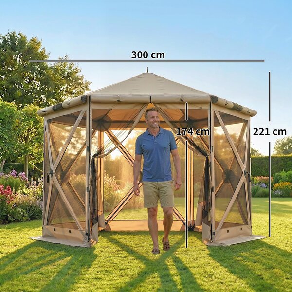 Outsunny hexagonální altán 3,0 x 2,6 m s podložkou, síťovými bočními panely a přepravní taškou — voděodolný, odolný proti UV, khaki | Aosom