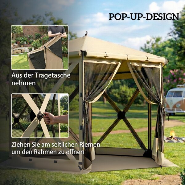 Outsunny hexagonální altán 3,0 x 2,6 m s podložkou, síťovými bočními panely a přepravní taškou — voděodolný, odolný proti UV, khaki | Aosom