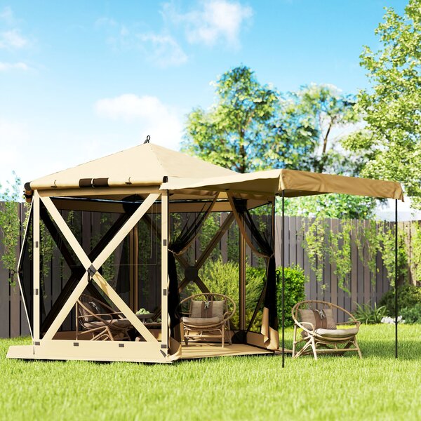 Outsunny hexagonální altán 3,0 x 2,6 m s podložkou, síťovými bočními panely a přepravní taškou — voděodolný, odolný proti UV, khaki | Aosom