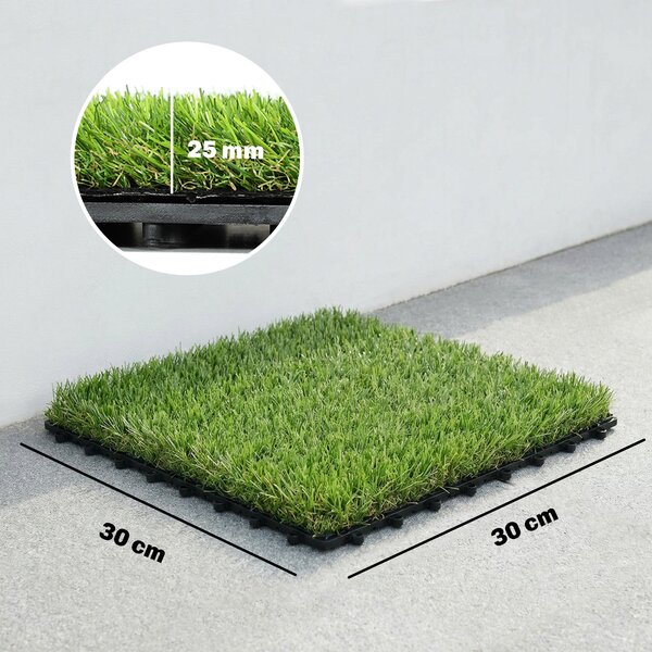 Outsunny 22dílný koberec z umělé trávy, dlaždice 30 × 30 cm, výška vlasu 25 mm, automatické odvodnění — zelená | Aosom