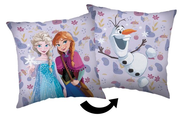 Licenční polštářek s motivem Frozen. Na jedné straně sestry Anna a Elsa a na druhé straně sněhulák Olaf. Rozměr polštářku je 35x35 cm