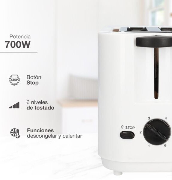 Topinkovač na 2 toasty Väline Avocato 700W funkce přihřátí a rozmrazení bílý 3 roky zár