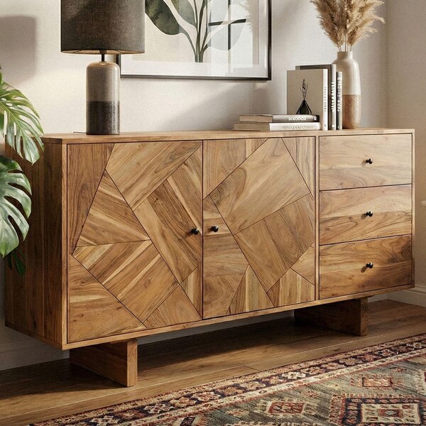 FineBuy Design Sideboard Akácie Masivní dřevo 150 cm se 2 dvíky a 3 zásuvkami - Masivní devná komoda run vyrobená - Masivní devná venkovská píborník