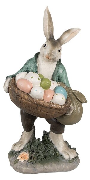 Dekorace králíček v zeleném kabátě s košem vajíček - 18*16*32 cm - Clayre & Eef