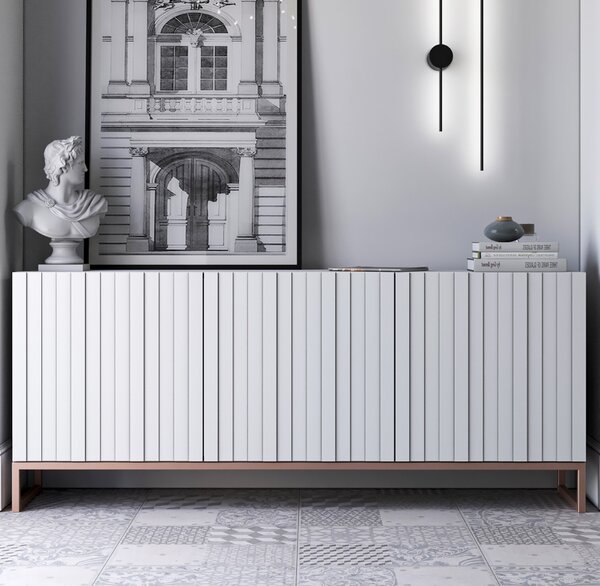 Komoda RTV Glamour 3D TV skíka Moderní Nábytek Lindner 168cm x 36,5cm x 72 cm Barva: bílý matný Rám: mdná barva - kov