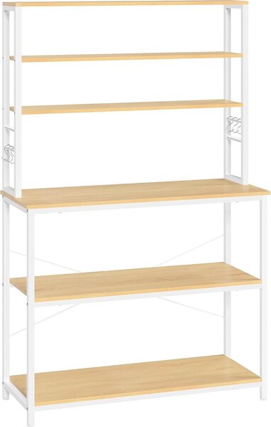 Kuchyský regál VASAGLE na kávovar, 6 polic a 6 hák, rám z mikrovlnné oceli, industriální styl, 40 x 100 x 167 cm, barva dub a bílá