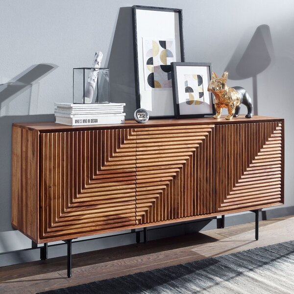 FineBuy Píborník z masivního deva sheesham 150 cm se 3 dvíky – Masivní retro komoda s ezbami – Designový pírodní píborník – Run vyrobený v industriálním stylu