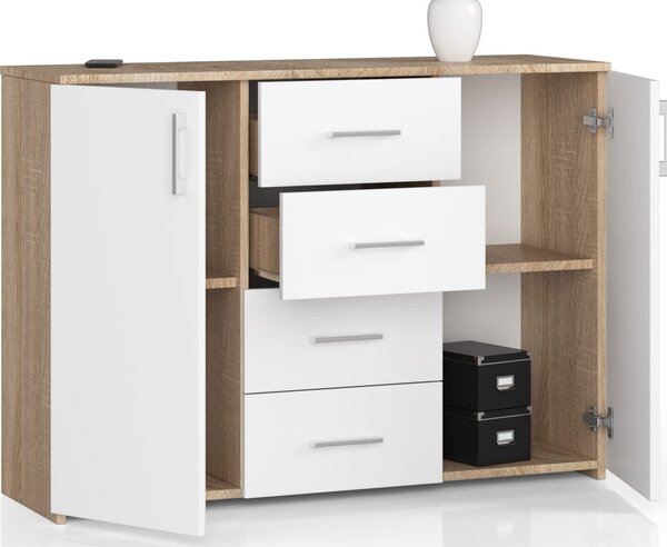 Komoda se 4 zásuvkami a 2 dvíky, 110x80x35, obývací pokoj, dub Sonoma / bílá