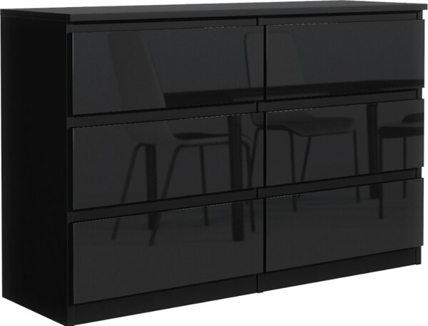 Komoda 6 120 cm - se 6 zásuvkami v erné barv / erný vysoký lesk / rzné barvy a velikosti