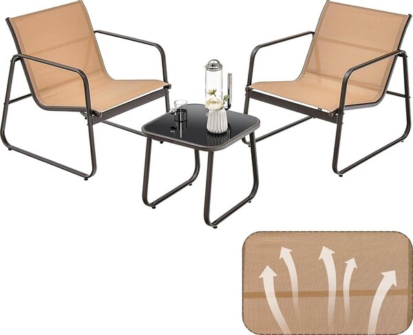 KOMFOTTEU 3 KS. Balkonová souprava bistro set, balkonová souprava nábytku se 2 stohovatelnými idlemi z textilie Textilene a zahradním stolem, zahradní sedací souprava (hndá)