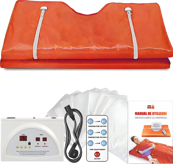 Infraervená tepelná deka do sauny, LINOMAG®, spalování tuk, relaxace, termoterapie a detoxikace, 5 vrstev bezpenostních materiál, 6 stup ohevu, 35°C-85°C, 180x80 cm, oranová barva