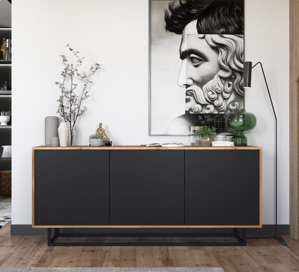 Komoda RTV ve stylu loft Dub Wotan Apollo 3D - Moderní - Nábytek Lindner - 168cm x 35cm x 72 cm Barva: dub Wotan matný - erná matná