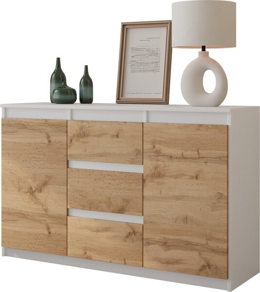 FURNICA - MIKEL - Komoda / píborník se 3 zásuvkami a 2 dvíky - bílý mat / dub Wotan V75cm 120cm H35cm
