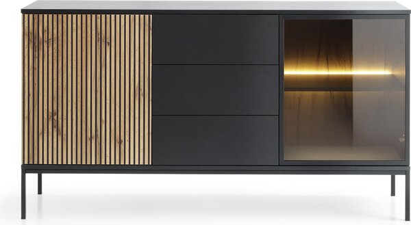 Moderní iroká komoda s ebrovaným elem 154×83×39 cm, erná / dub Wotan