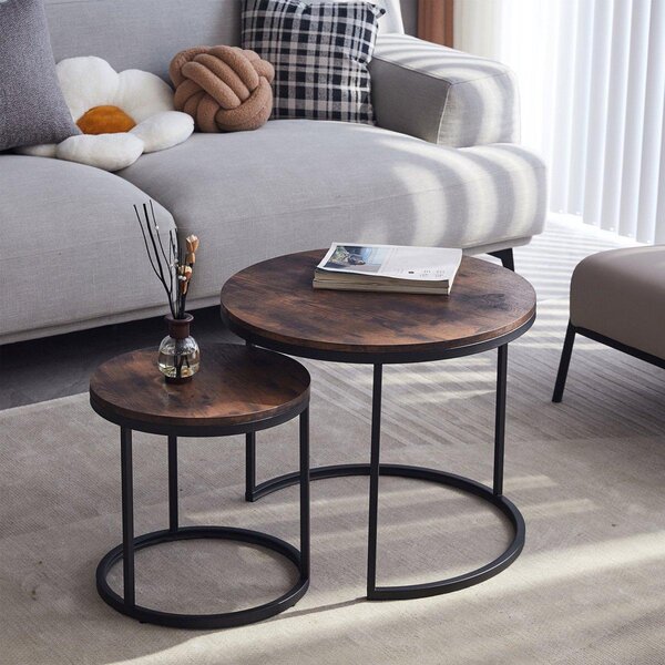Happyment konferenní stolek Deluxe – kulatý – sada 2 ks – hndý – MDF a kov – obývací pokoj – 60 × 60 × 45 cm a 40 × 40 × 35 cm